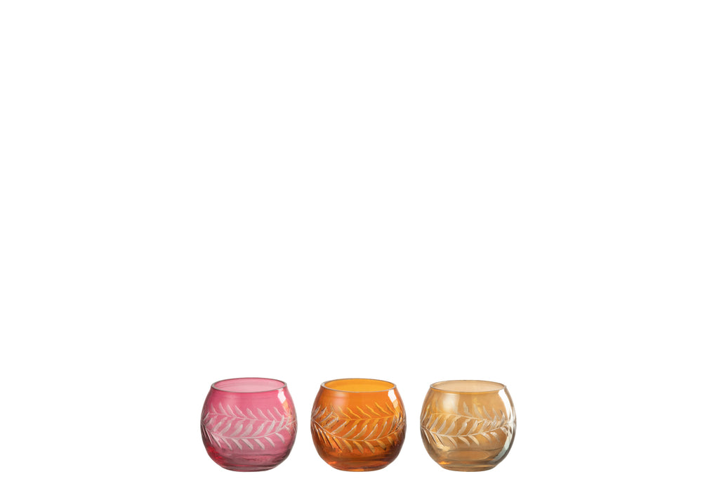 Theelichthouder Bladeren Ronde Glas Mix Assortiment Van 3