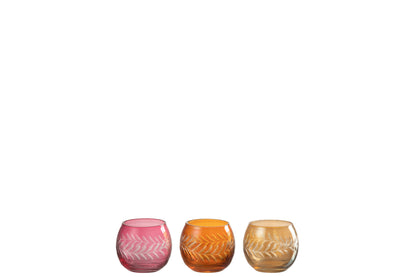 Theelichthouder Bladeren Ronde Glas Mix Assortiment Van 3