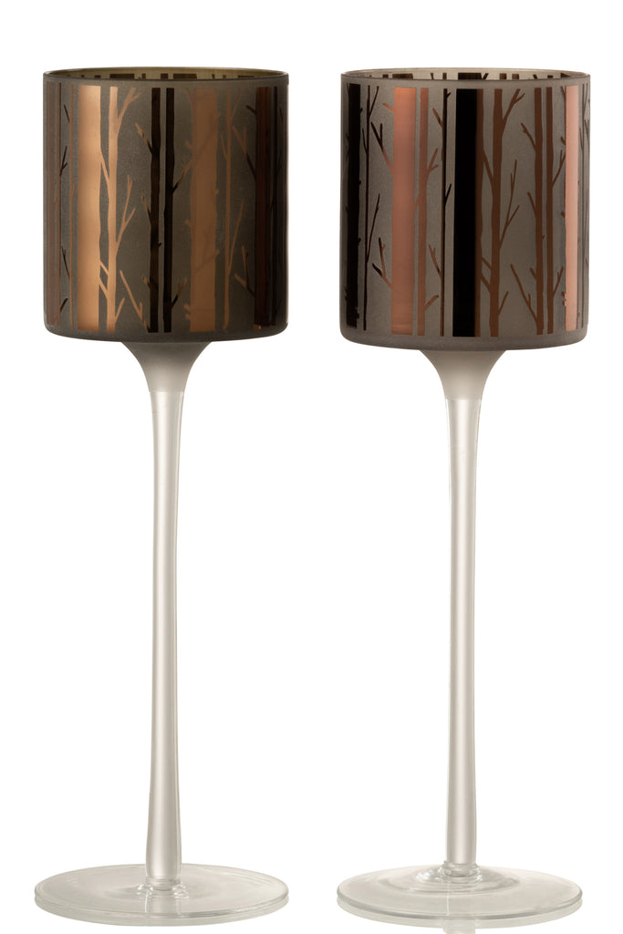 Theelichthouder Op Voet Boom Glas Bruin Groot Assortiment Van 2