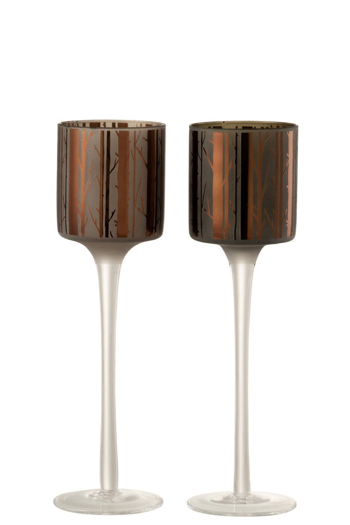 Theelichthouder Op Voet Boom Glas Bruin Klein Assortiment Van 2