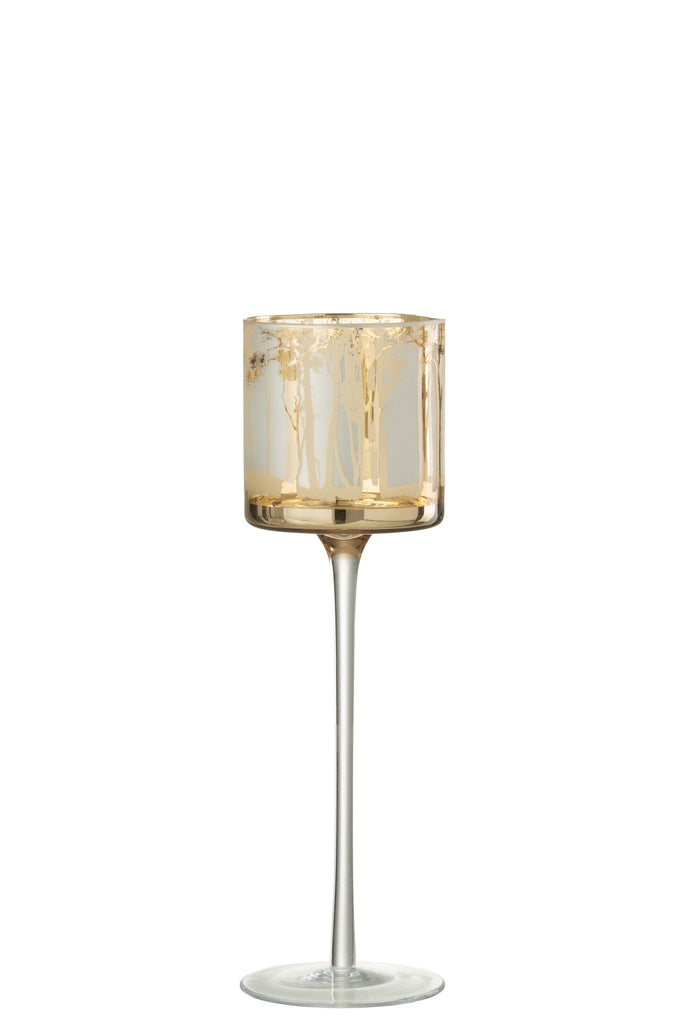 Theelichthouder Op Voet Bomen Glas Goud Groot