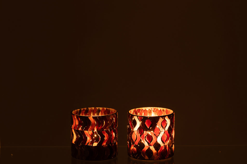 Theelichthouder Patroon Glas Donkerroze Klein Assortiment Van 2