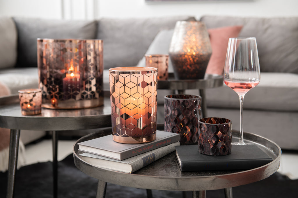 Theelichthouder Patroon Glas Donkerroze Klein Assortiment Van 2