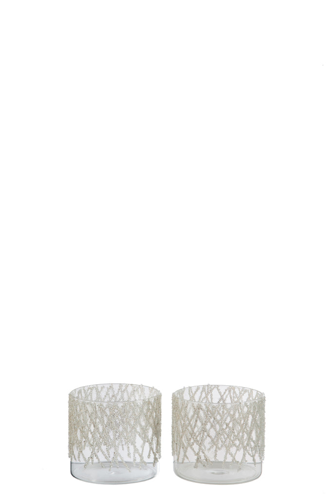 Theelichthouder Parelglas Helder + Opaal Middel Assortiment Van 2