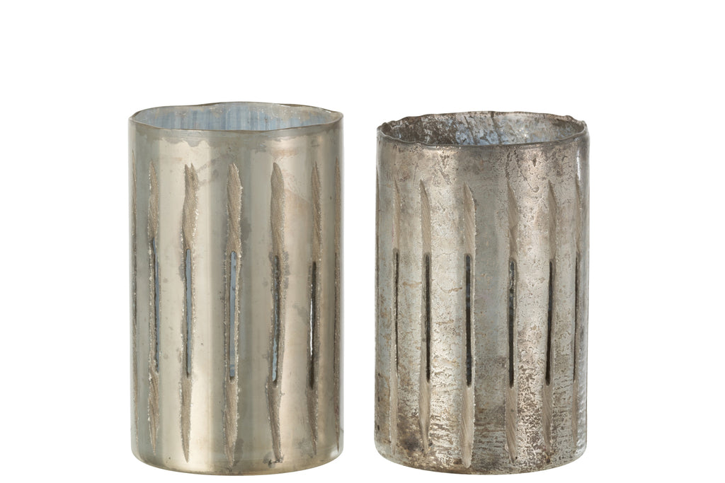 Theelichthouder Streep Glas Blauw Groot Assortiment Van 2