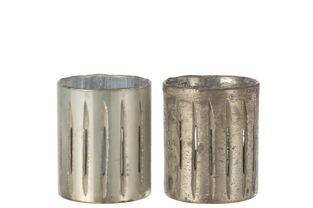 Theelichthouder Streep Glas Blauw Medium Assortiment Van 2