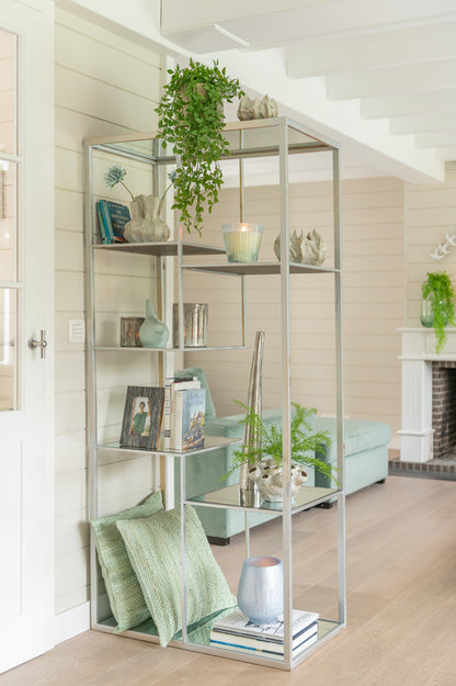 Theelichthouder Streep Glas Blauw Medium Assortiment Van 2
