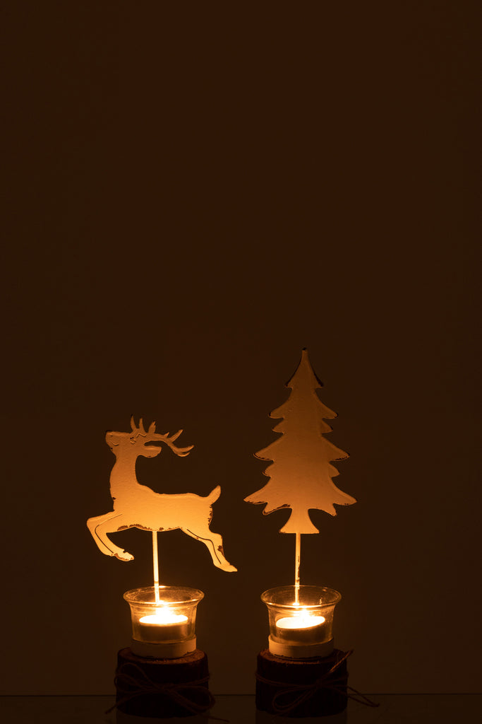 Theelichthouder op boomstam Boom/Rendier Hout/Glas Wit/Bruin Assortiment van twee
