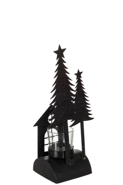 J-Line Tealight Holder Christmas Glitter Wood/Metal Black Small