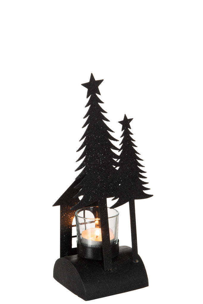 J-Line Tealight Holder Christmas Glitter Wood/Metal Black Small