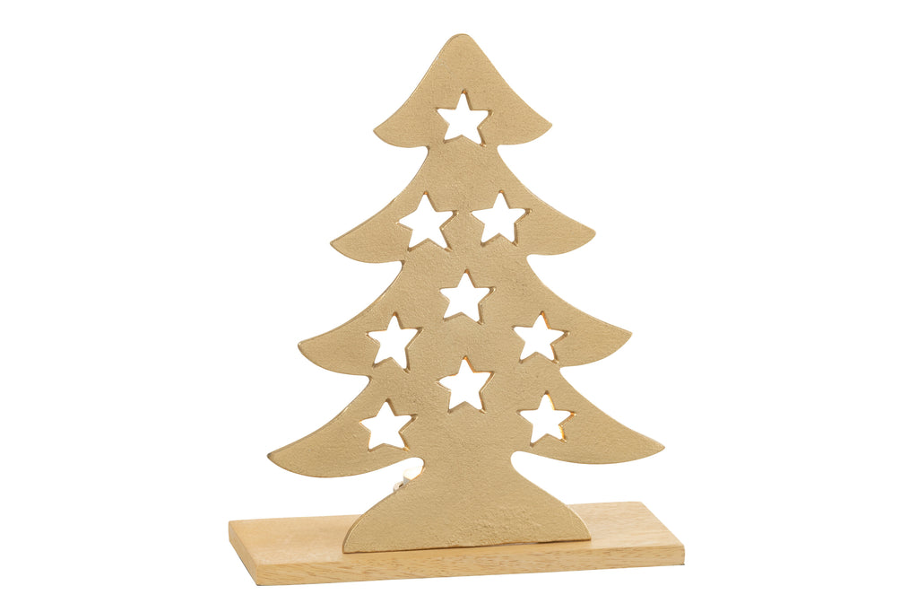 J-Line Tealight Holder Christmas Tree Aluminium/Wood Natural/Gold Large
