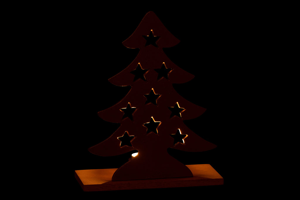 J-Line Tealight Holder Christmas Tree Aluminium/Wood Natural/Gold Large