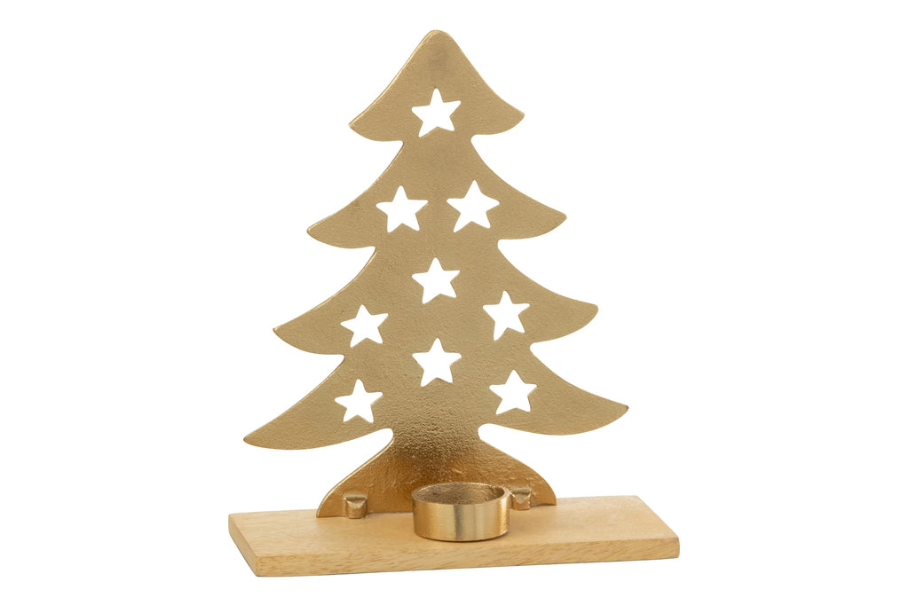 J-Line Tealight Holder Christmas Tree Aluminium/Wood Natural/Gold Large