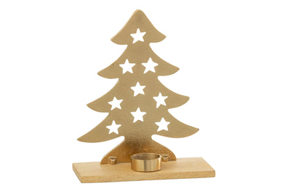 J-Line Tealight Holder Christmas Tree Aluminium/Wood Natural/Gold Large