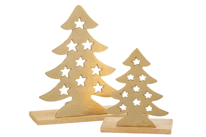 J-Line Tealight Holder Christmas Tree Aluminium/Wood Natural/Gold Large