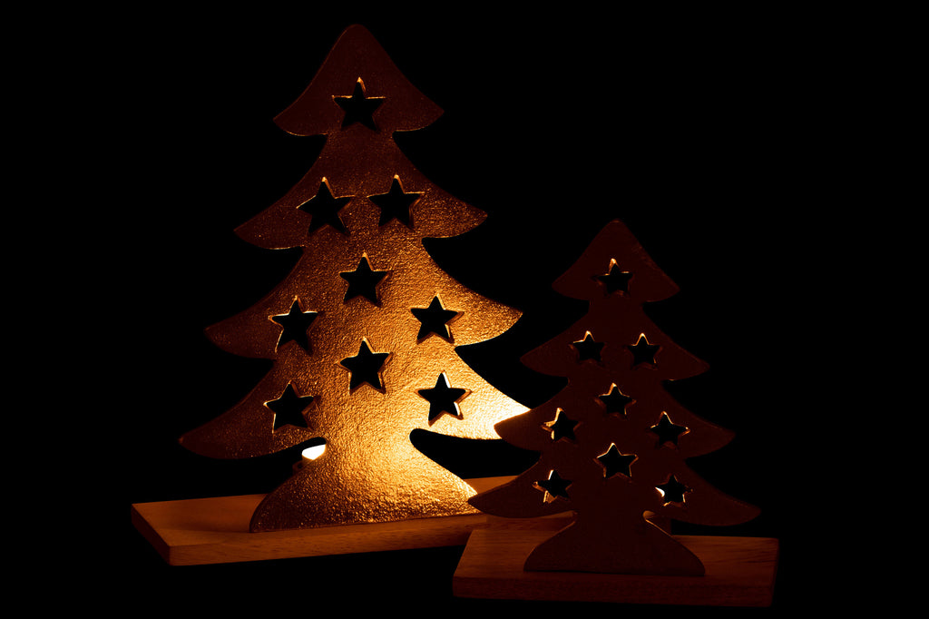 J-Line Tealight Holder Christmas Tree Aluminium/Wood Natural/Gold Large