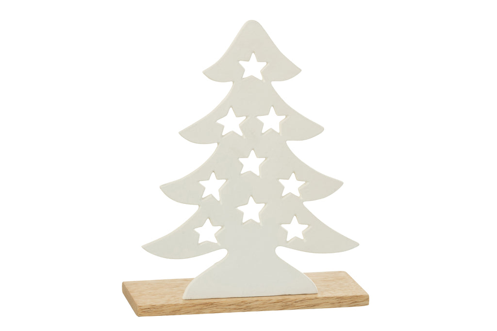 J-Line Theelichthouder Kerstboom Aluminium/Hout Wit/Natuurlijk Groot