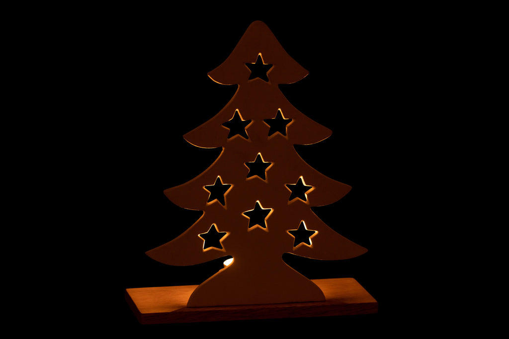 J-Line Theelichthouder Kerstboom Aluminium/Hout Wit/Natuurlijk Groot