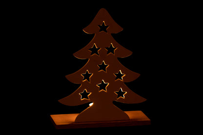 J-Line Theelichthouder Kerstboom Aluminium/Hout Wit/Natuurlijk Groot