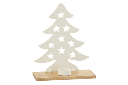 J-Line Theelichthouder Kerstboom Aluminium/Hout Wit/Natuurlijk Groot