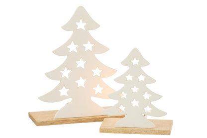 J-Line Theelichthouder Kerstboom Aluminium/Hout Wit/Natuurlijk Groot