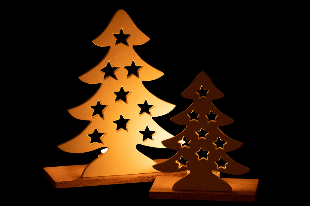 J-Line Theelichthouder Kerstboom Aluminium/Hout Wit/Natuurlijk Groot