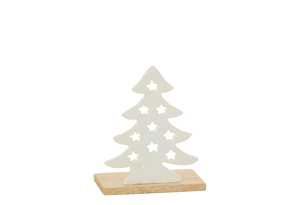 Theelichthouder Kerstboom Aluminium/Hout Wit/Natuurlijk Klein