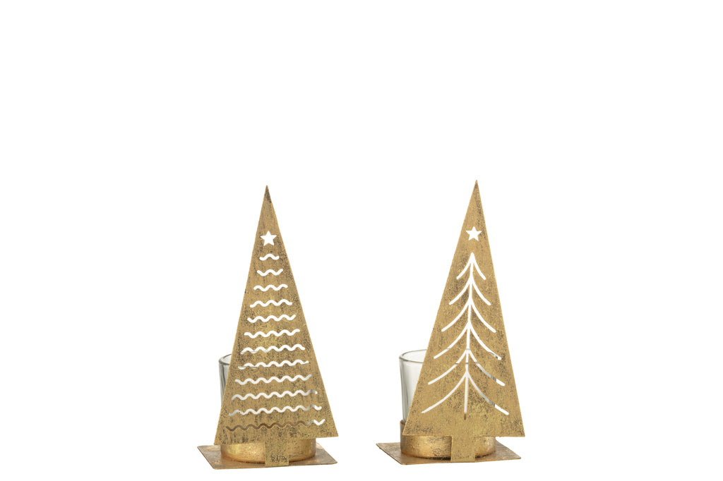 Theelichthouder Kerstboom Metaal Goud Assortiment Van 2