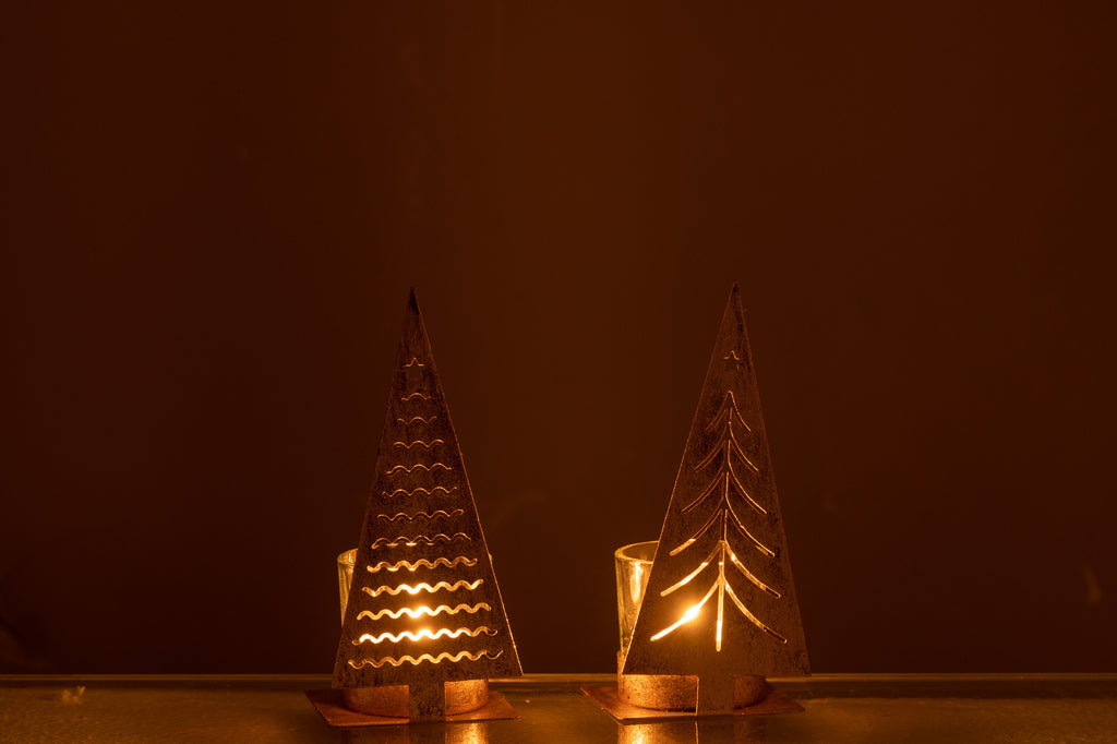 Theelichthouder Kerstboom Metaal Goud Assortiment Van 2
