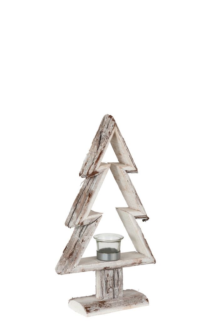 J-Line Tealight Holder Christmas Tree Wood Brown/White Small