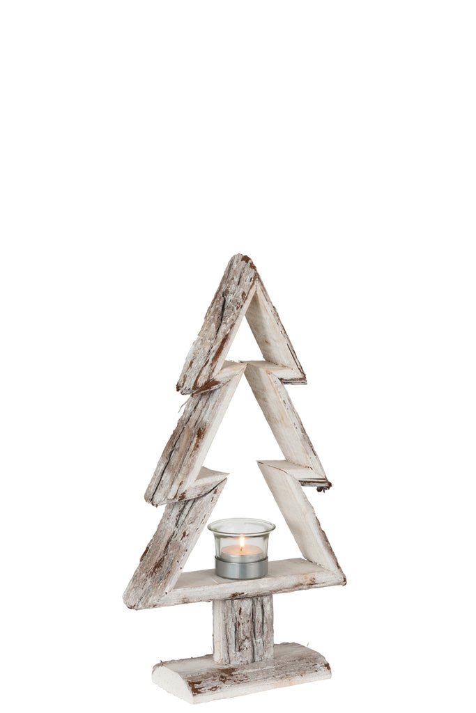 J-Line Tealight Holder Christmas Tree Wood Brown/White Small