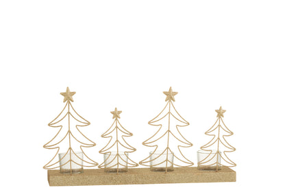 Theelichthouder Kerstbomen 4 Stuks Glitters Hout Goud