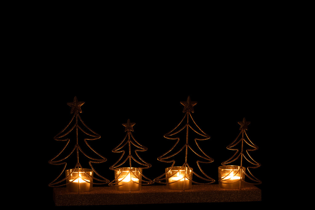 Theelichthouder Kerstbomen 4 Stuks Glitters Hout Goud