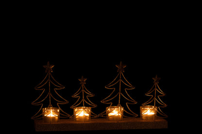 Theelichthouder Kerstbomen 4 Stuks Glitters Hout Goud