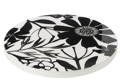 Tray Turning Round Floral Pattern Mango Wood Black/White