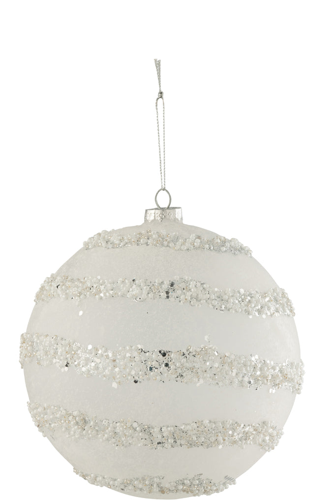 Kerstbal lijnen glitter + parels wit/zilver glas mat wit extra groot