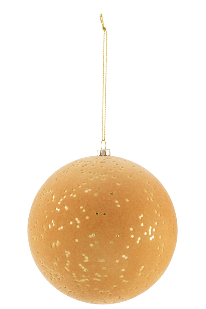 Kerstbal met stippen van plastic fluweel oker/goud groot