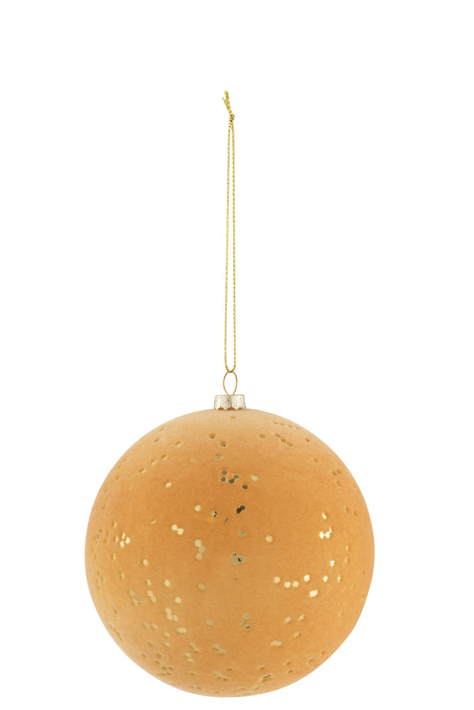 Kerstbal met stippen van plastic fluweel oker/goud medium