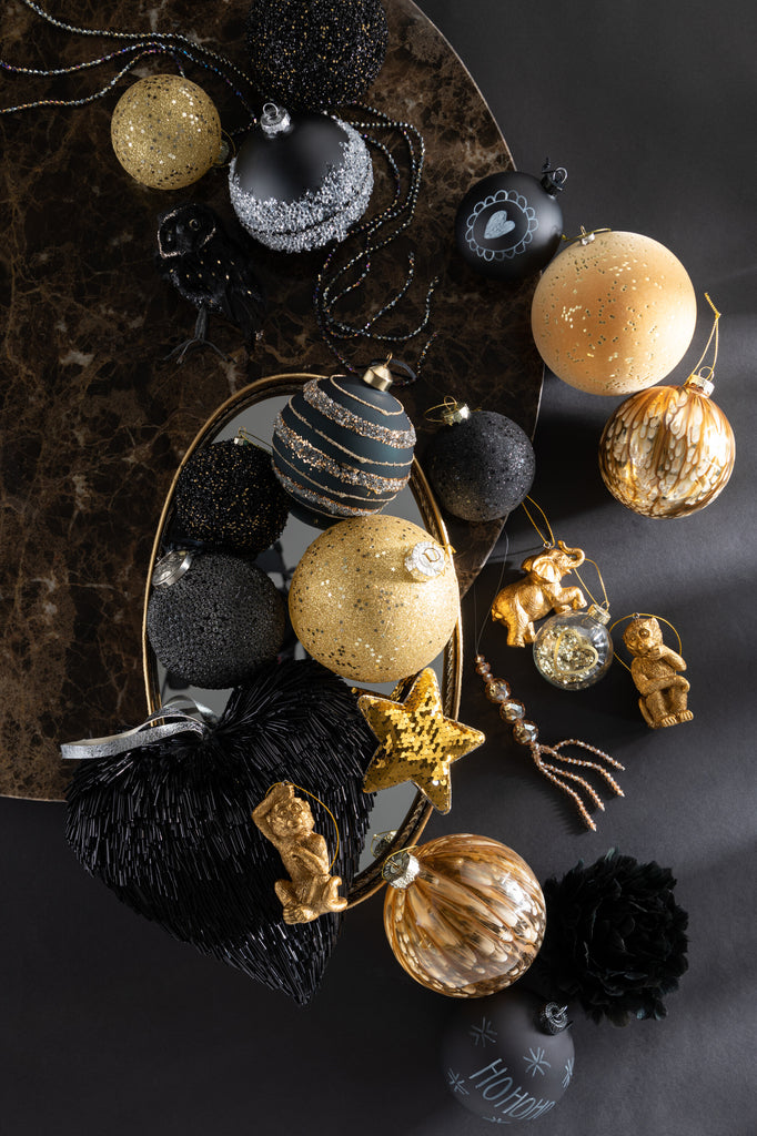 Kerstbal Glitter Plastic Zwart/Goud Middelgroot