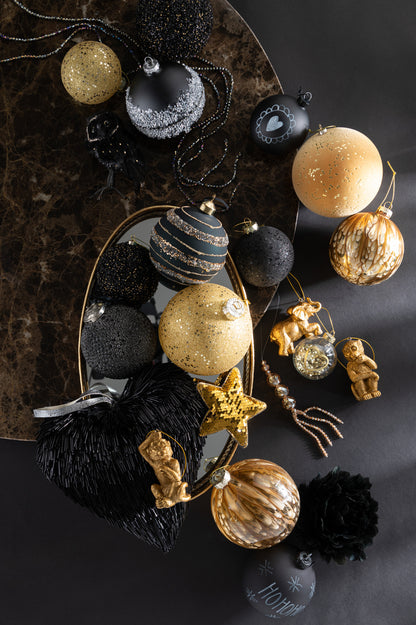 Kerstbal Glitter Plastic Zwart/Goud Middelgroot