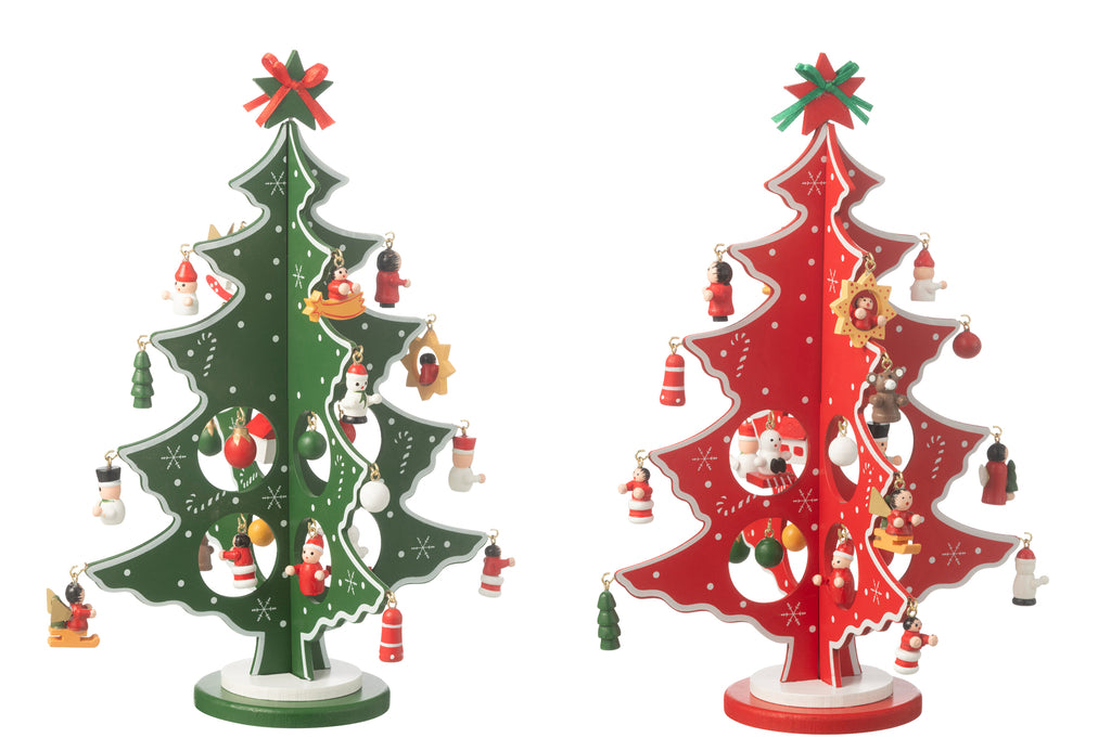 Kerstboom + Beeldjes Opvouwbaar Hout Rood/Groen Assortiment Van 2