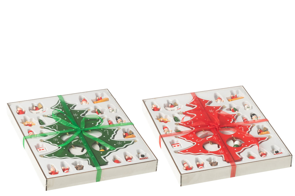 Kerstboom + Beeldjes Opvouwbaar Hout Rood/Groen Assortiment Van 2