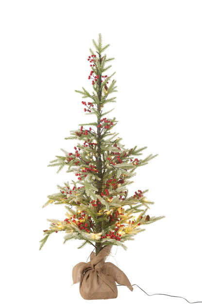 Kerstboom + Jute Tas + Led Plastic Sneeuw Groen/Rood Klein